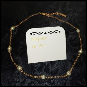 Napier Gold Tone Necklace Wire Wrapped Faux Pearl Vintage Costume Jewelry Marked